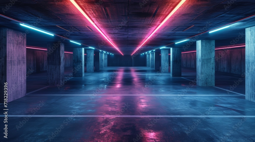 Neon-lit Empty Parking Garage for Cars and Vehicles