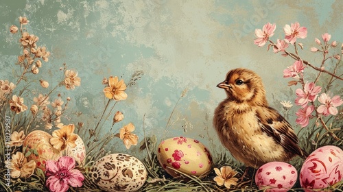 Nostalgic Background with Vintage Easter Illustrations - AI Generated