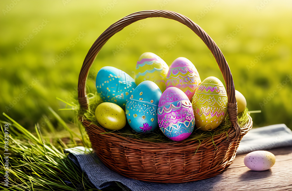 Colorful Easter eggs in a basket on the green grass,Easter spring theme,falling,spring sunny background. Colorful Easter eggs in a basket on the green grass,Easter spring theme,falling,spring sunny background.