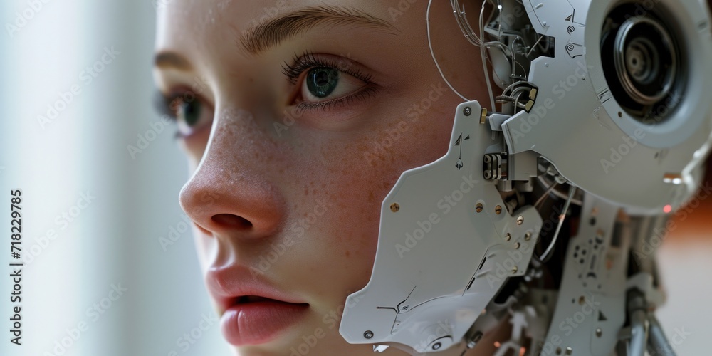 A close up image of a person with a robot head. This picture can be used to depict technology, artificial intelligence, or futuristic concepts A close up image of a person with a robot head. This picture can be used to depict technology, artificial intelligence, or futuristic concepts
