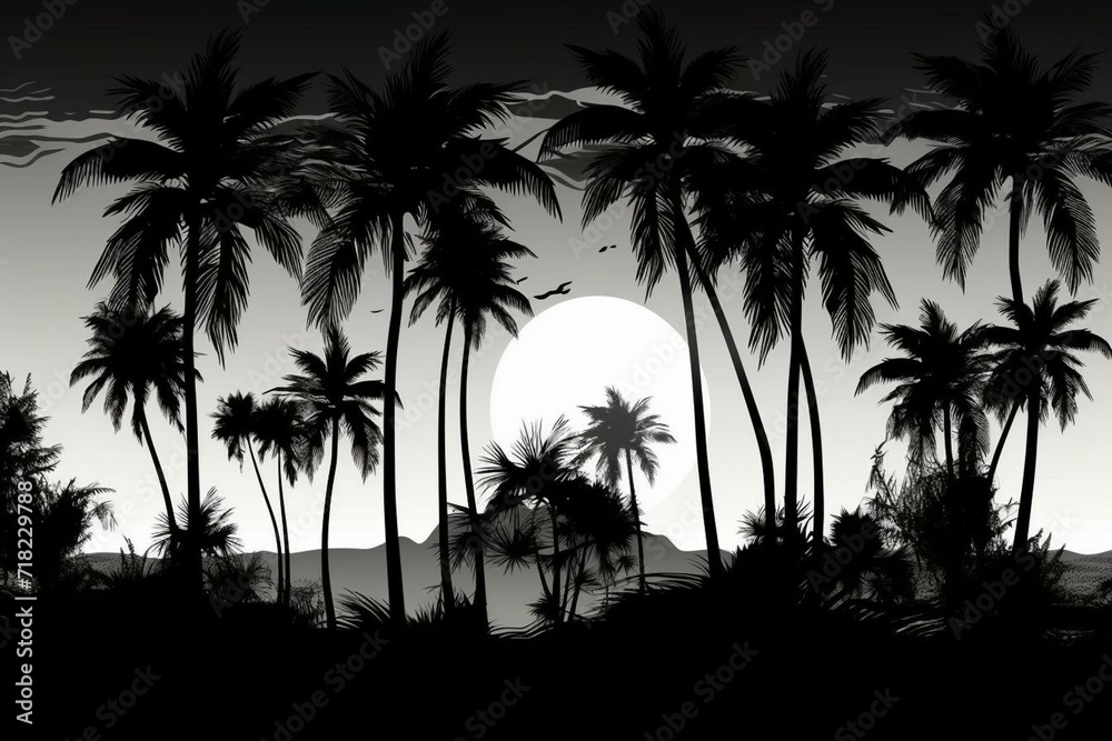Beautiful black silhouette on white background of tropical palms. Generative AI