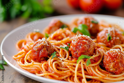 Authentic homemade spaghetti with meatballs and grated parmesan cheese photo