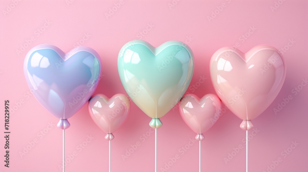Row of Heart Shaped Balloons on Pink Background