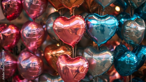 Colorful Heart Shaped Balloons on Strings, Hanging Together in the Air
