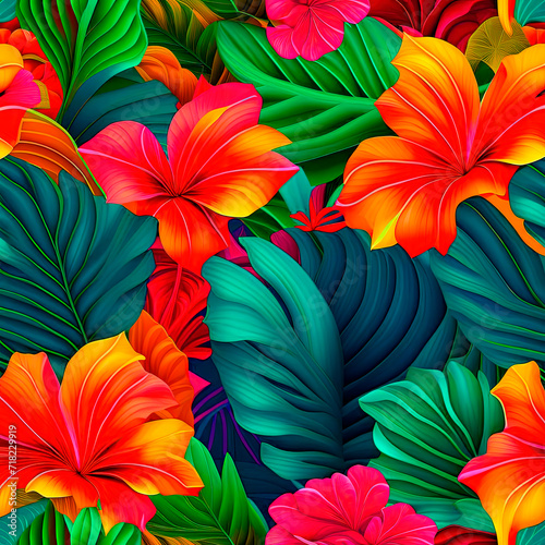 An abstract background of decorative hibiscus flowers and leaves