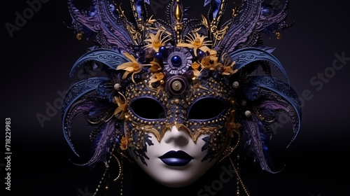 Élégant masque vénitien, avec des éléments décoratifs, violet et doré. Matière, beauté, carnaval. Venise. Pour conception et création graphique.