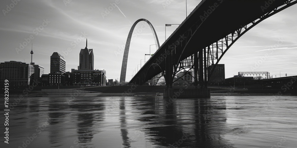 Obraz premium A black and white photo of a bridge over a river. Suitable for various uses