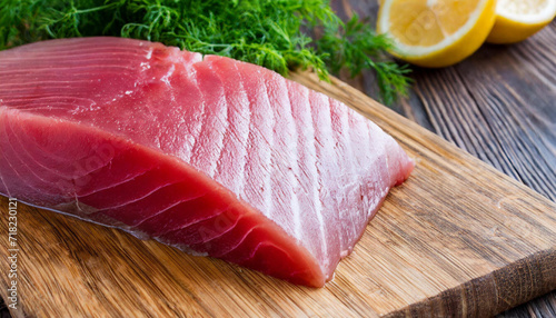 Close up of Fresh raw tuna fillet steak on wooden board background