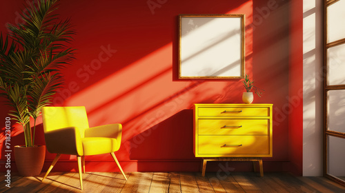 Blank poster frame mock up template, living room interior in modern style, red walls on background, yellow armchair, dresser and green plant. Play of light and shadows
