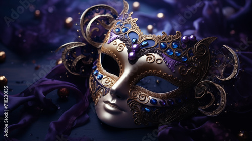 Élégant masque vénitien, avec des éléments décoratifs, violet et doré. Matière, beauté, carnaval. Venise. Pour conception et création graphique. © FlyStun