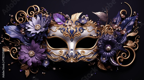 Élégant masque vénitien, avec des éléments décoratifs, violet et doré. Matière, beauté, carnaval. Venise. Pour conception et création graphique. © FlyStun