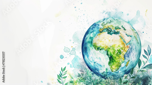 Earth Day celebration concept. Planet Earth in watercolor doodle style. White background and space for text. Support for environmental protection. © Synaptic Studio