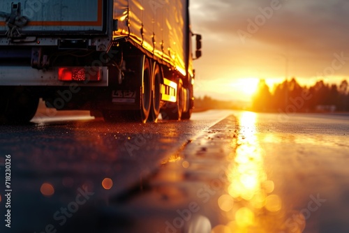 A truck is captured driving down a wet road at sunset. This image can be used to depict transportation, travel, or a rainy evening scene