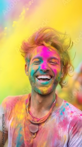 cheerful young man reveling in holi festivities, splattered with rainbow powders, outdoor jubilation, festival, powder face, colorful powder in air.