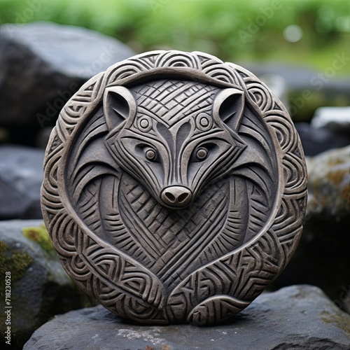 A Badger Icon in Celtic Stone Relief  Grey-Brown Stone Interpretation