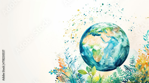 Earth Day celebration concept. Planet Earth in watercolor doodle style. White background and space for text. Support for environmental protection.
