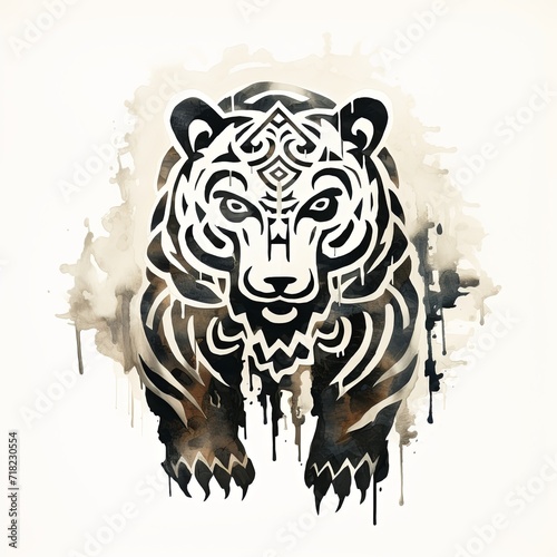 A bear crest ainu motifs black and white sumi painting illustration