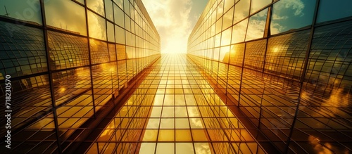 Beautiful view golden tall buildings with glass reflections at sunset scenery. Generate AI image