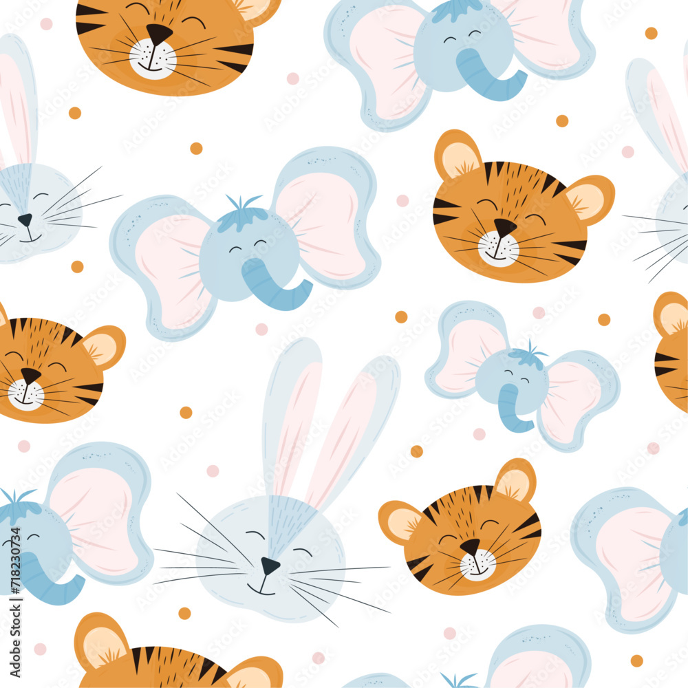 Cartoon animal pattern with tigers and elephants on isolated background. Seamless pattern. For children's textiles, wallpaper.