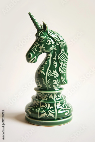 illustration of green horse chess piece on saibro with chess patterns, risograph, polished, ceramic, unicorn photo