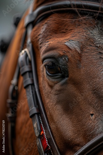 A close-up view of a horse's eye and bridle. This image can be used to depict the beauty and elegance of horses, as well as for equestrian-related designs and concepts