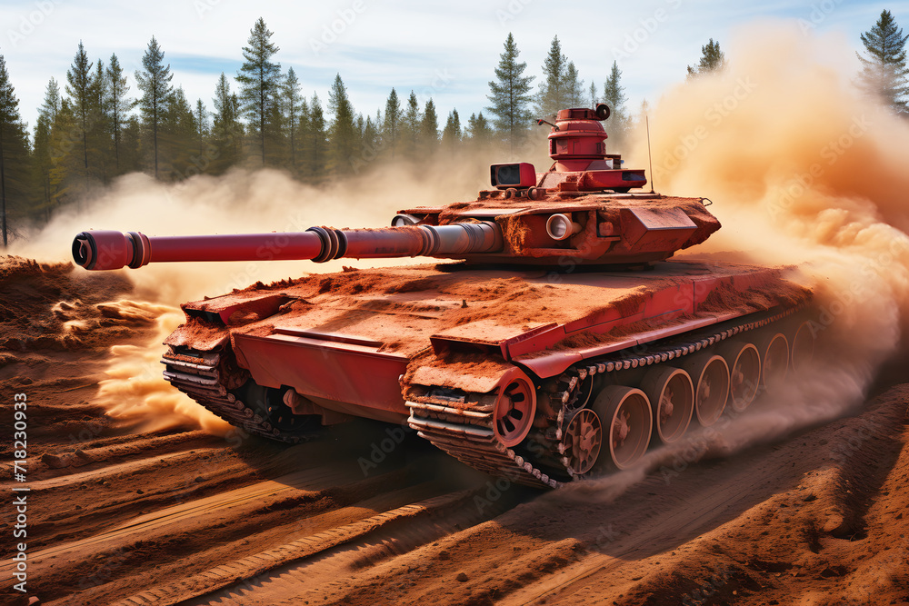 Modern tank on the battlefield, armed with a huge cannon Modern tank on the battlefield, armed with a huge cannon