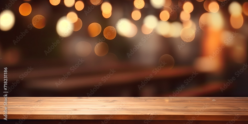 Wooden table with blurry cafe lights background. Template for showcasing products. Business presentation. Wooden table with blurry cafe lights background. Template for showcasing products. Business presentation.