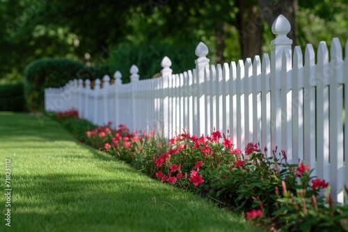 A picture of a white picket fence with vibrant red flowers in front. This image can be used to depict a charming garden or to symbolize a peaceful and idyllic setting