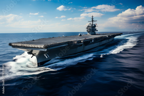 Photo of USS latest technology nuclear powered aircraft carrier anchored in deep blue open ocean