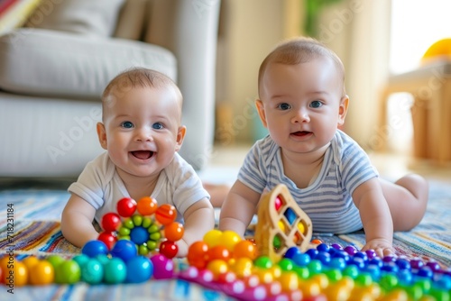 Front view of two babies lying down in the home living room and playing with toys happily,