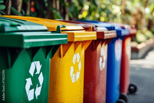 Colorful garbage cans with recycle symbols outdoors photo