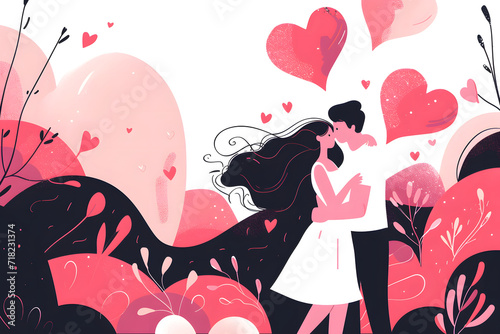 Valentine s Day celebration with a vector drawing of a romantic couple expressing love in flat color blocks of red  black  and pink. Simple  lively illustrations with fluid and organic shapes.