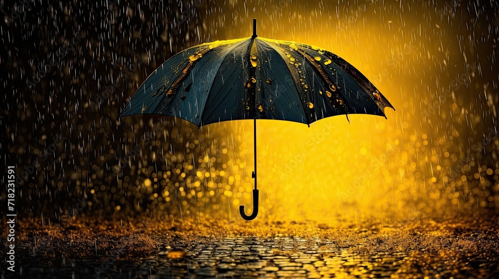 Yellow umbrella under rain against water drops splash background. Rainy weather concept.