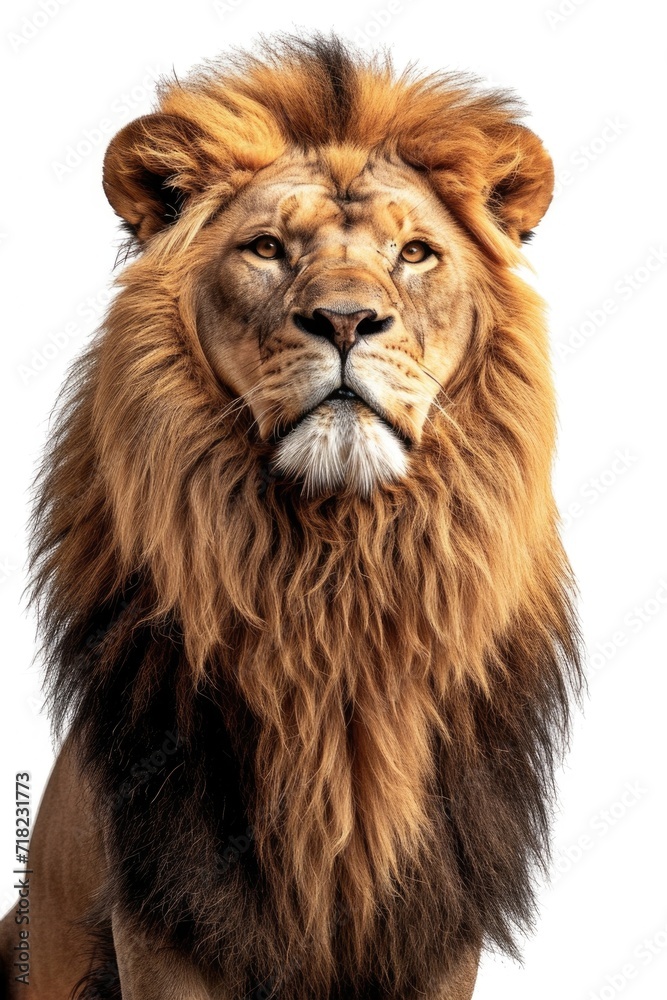 A close up view of a lion on a white background. Suitable for use in educational materials or wildlife publications A close up view of a lion on a white background. Suitable for use in educational materials or wildlife publications