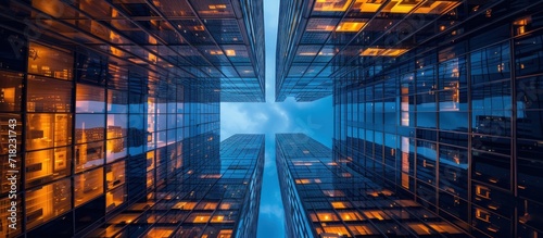 Modern office tall building with window glass reflection on blue sky view background. Generate AI image
