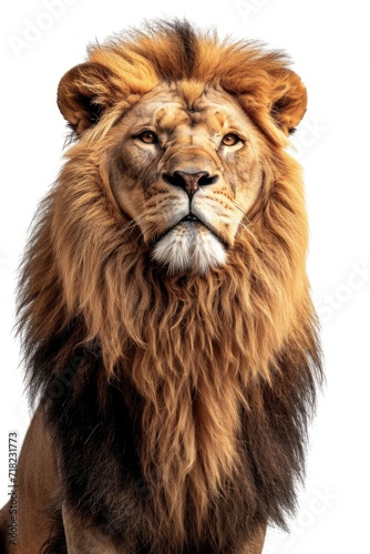 A close up view of a lion on a white background. Suitable for use in educational materials or wildlife publications