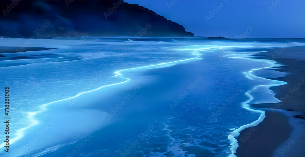 Step onto a beach at night where the waves are illuminated by bioluminescent organisms