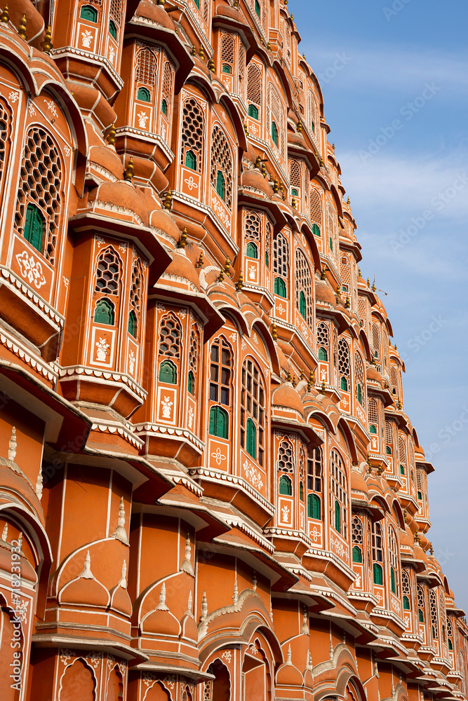 Beautiful red building with balcony and windows  in Jaipur India
