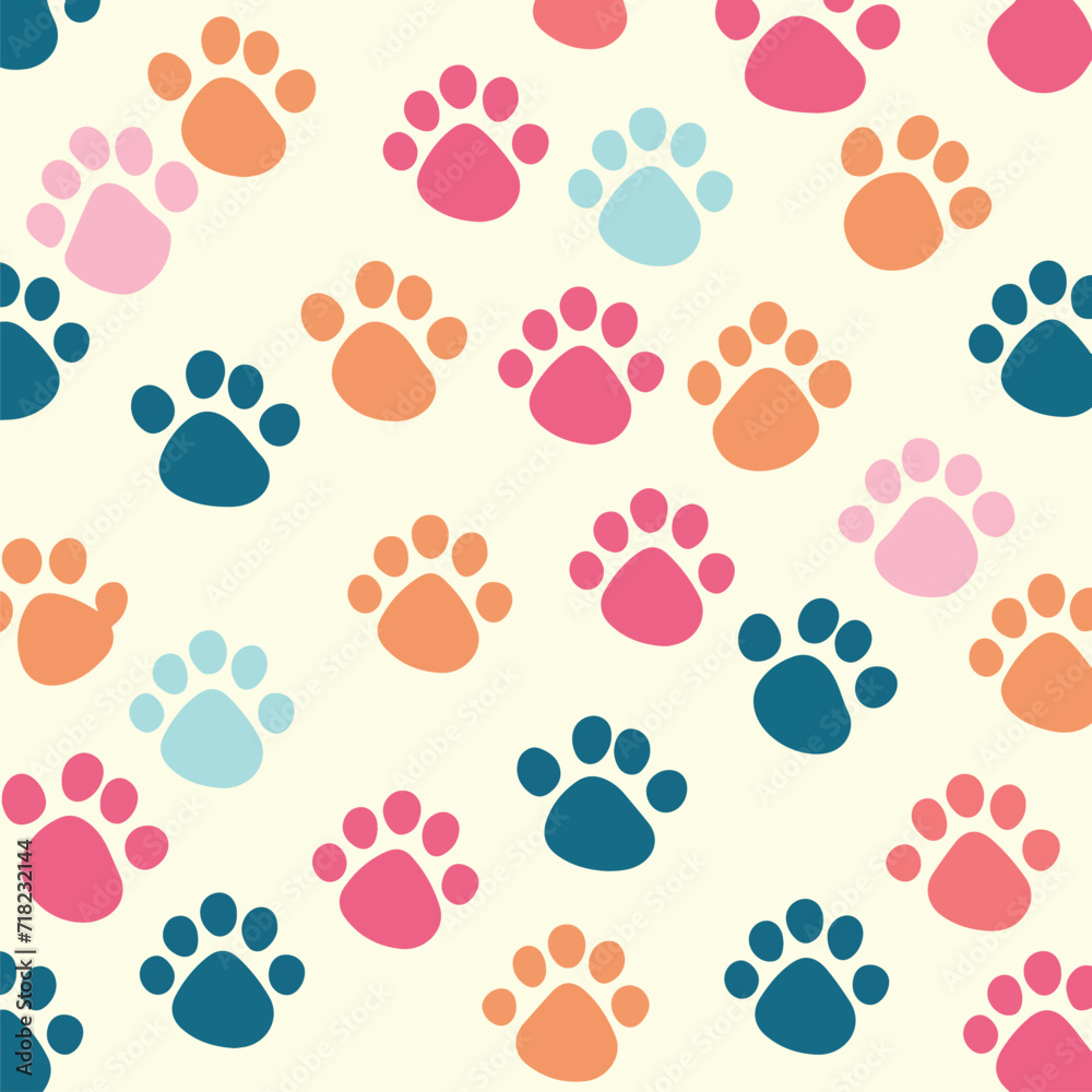 Fototapeta premium cat paws seamless repeat pattern background Pet vector, pastel Cute colorful paw wallpaper