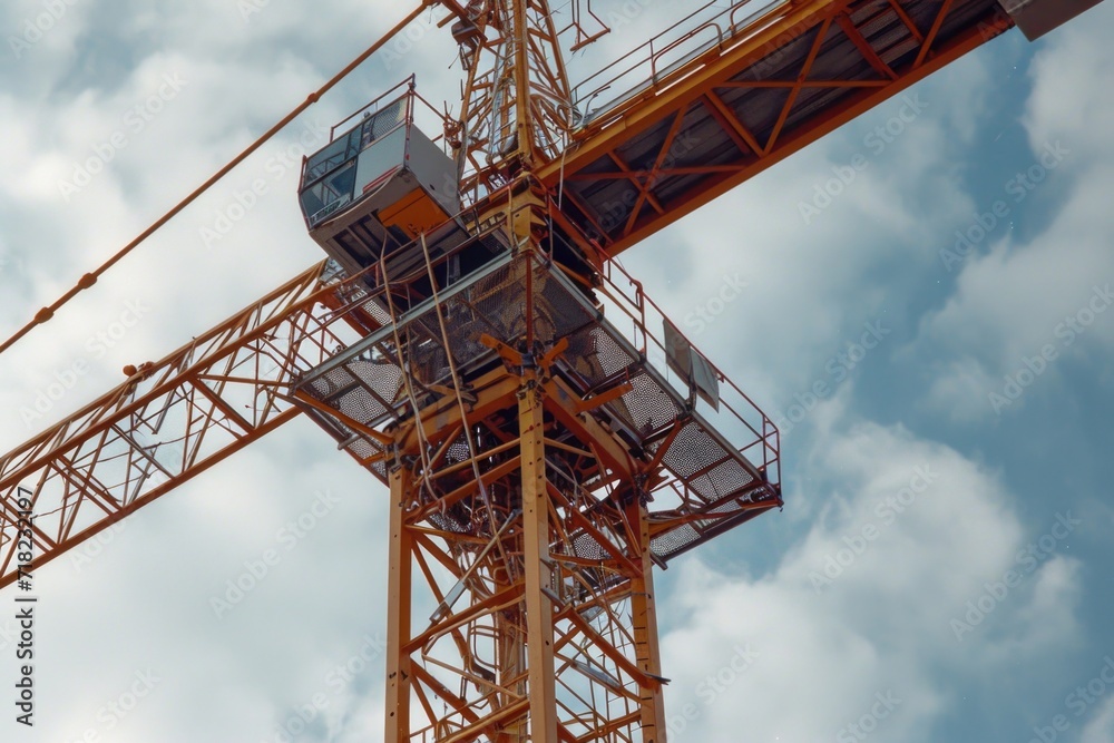 A crane perched on top of a building. Suitable for construction, urban landscapes, and architectural themes A crane perched on top of a building. Suitable for construction, urban landscapes, and architectural themes