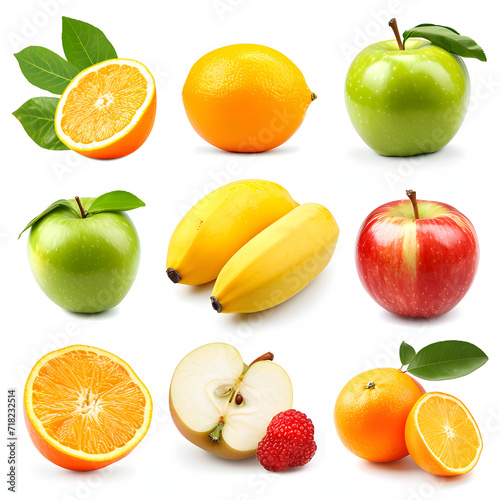 Fresh fruits  e.g.  apples  oranges  bananas  isolated on white background  simple style  png 