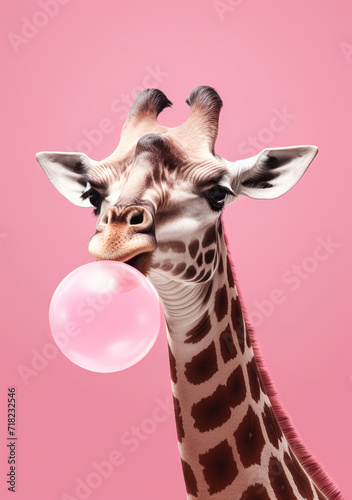 Funny animal concept, portrait of cute giraffe chewing gum and making balloons and posing for ID on pink background.