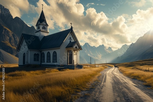 A picturesque chapel poised at a crossroads, captured in the timeless allure of classic landscape artistry generative ai