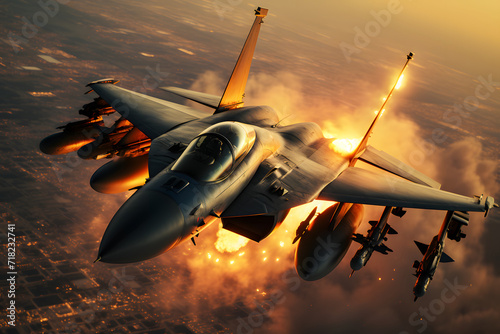Modern stealth fighter plane. Flight in formation, flyby and landing, take off bombing, dog fight, firing missile.