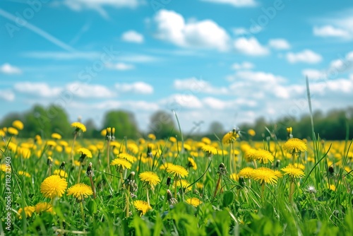 A picturesque field filled with vibrant yellow dandelions under a clear blue sky. Perfect for springtime and nature-themed designs