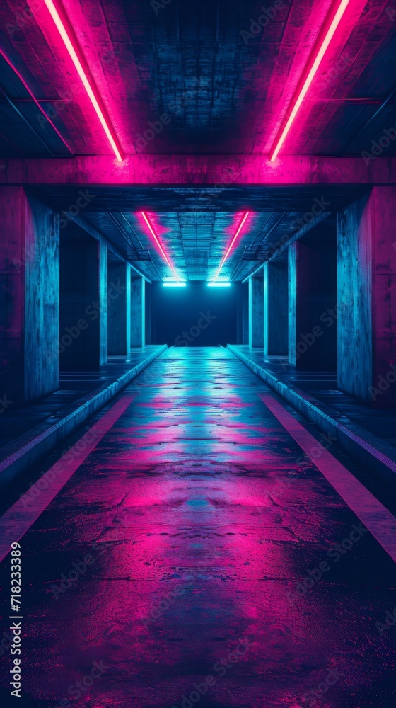 Long Dark Tunnel With Neon Lights, Mysterious Pathway Through Vivid Illuminated Passageway