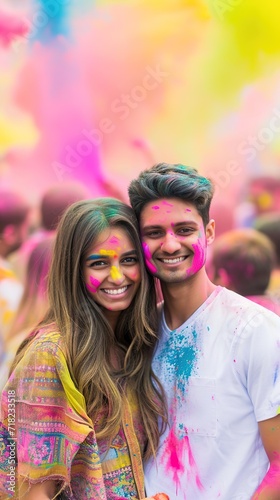 portrait radiant indian couple immersed in holi celebrations, colorful powder adorning joyous smiles.