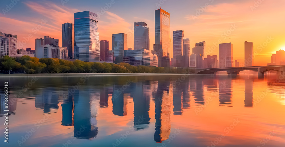 Imagine a city skyline reflected in the calm waters of a river during sunset