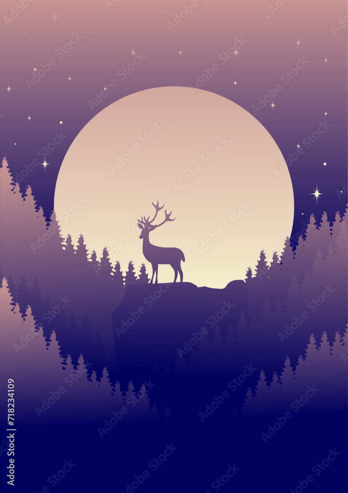 Silhouette of deer standing on the cliff in night forest. Magical misty landscape, full moon with stars
