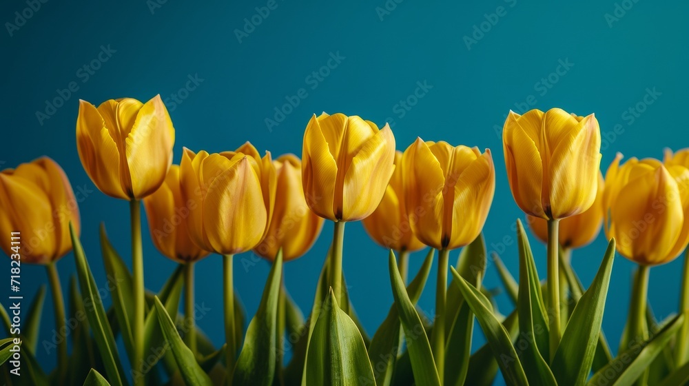 Obraz premium Group of Yellow Tulips in Front of Blue Background